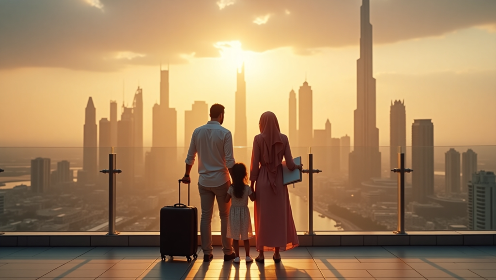 تصویر یک خانواده که در هوای صبحگاهی رو به شهر دبی ایستاده‌اند - اقامت دبی (امارات) - مدارک و هزینه انواع اقامت دبی برای ایرانیان