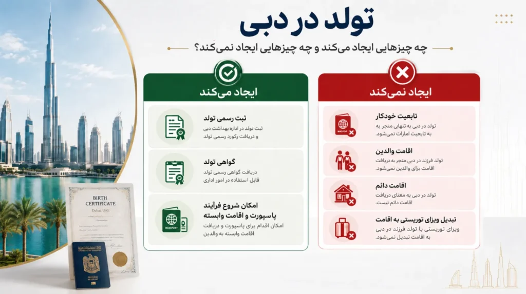 دو جدول از مواردی که تولد در دبی میتواند ایجاد کند و نمیتواند ایجاد کند به همراه عکس گواهی تولد و پاسپورت امارات با پسزمینهای از دبی با نمای برج خلیفه