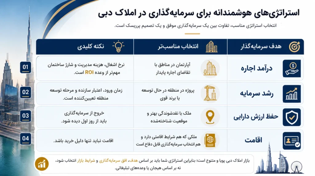 جدولی از اهداف سرمایه گذاری در املاک دبی و انتخاب های مناسب برای هر کدام.