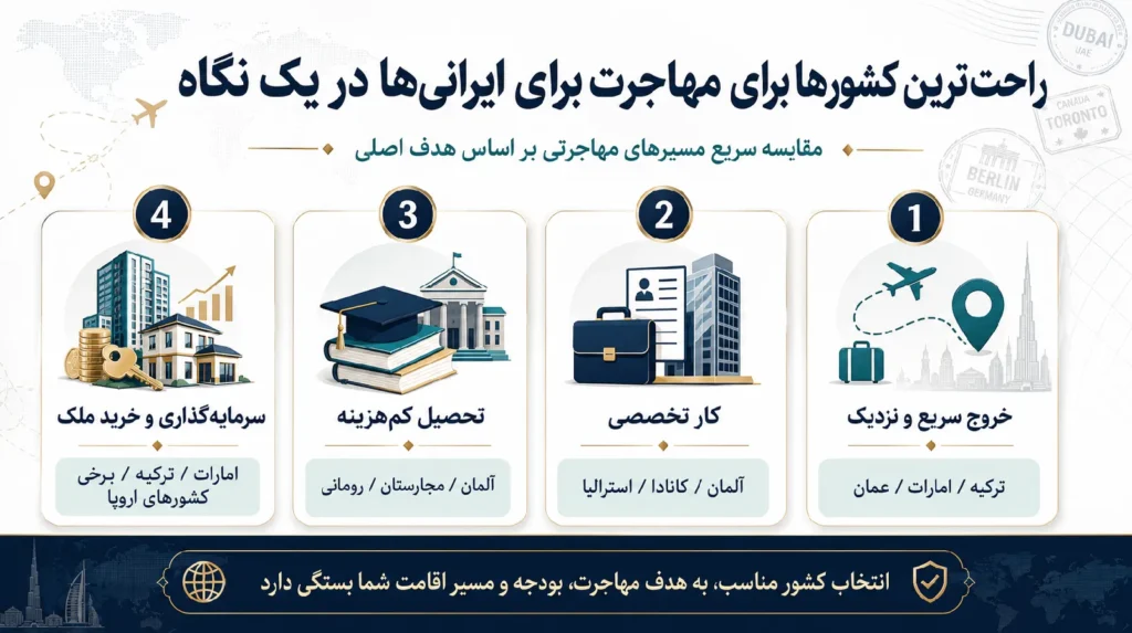تصویر 4 دسته بندی کلی برای راحتترین کشورها برای مهاجرت ایرانی ها که شامل خریوج سریع و نزدیک، کار تخصصی، تحصیل کم هزینه و سرمایه گذاری و خرید ملک است و نام کشورهای مربوطه زیر هر کدام نوشته شده است.